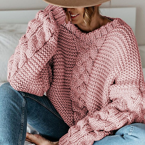 

Women's Stylish Knitted Solid Color Pullover Long Sleeve Sweater Cardigans Crew Neck Fall Winter White Black Red