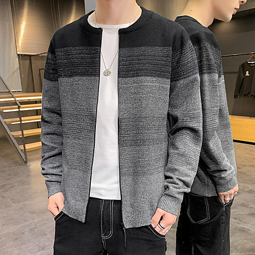 

Men's Knitted Color Block Cardigan Long Sleeve Sweater Cardigans Crew Neck Winter Black Gray