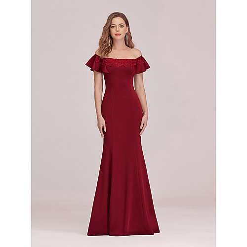 

Mermaid / Trumpet Sexy bodycon Engagement Formal Evening Dress Off Shoulder Short Sleeve Floor Length Jersey with Appliques 2021
