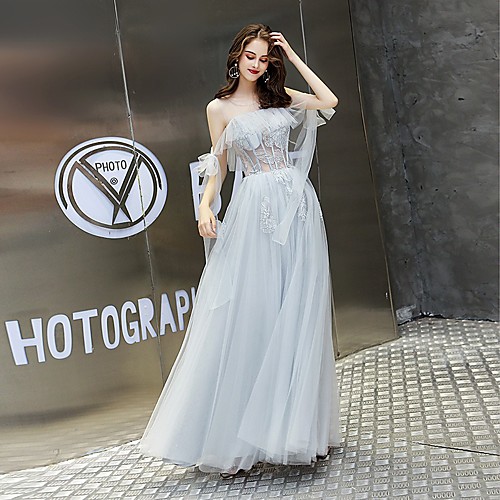 

A-Line Luxurious Elegant Wedding Guest Prom Dress Illusion Neck Short Sleeve Floor Length Tulle with Lace Insert 2021