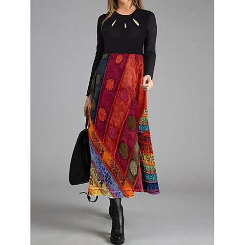 

Women's Shift Dress Maxi long Dress Red Long Sleeve Print Color Block Patchwork Print Fall Round Neck Casual 2021 M L XL XXL 3XL