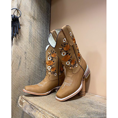 

Women's Boots Cowboy Western Boots Flat Heel Square Toe Mid Calf Boots Punk & Gothic British Sweet Daily Outdoor Walking Shoes Faux Leather Satin Flower Floral Light Brown / Mid-Calf Boots