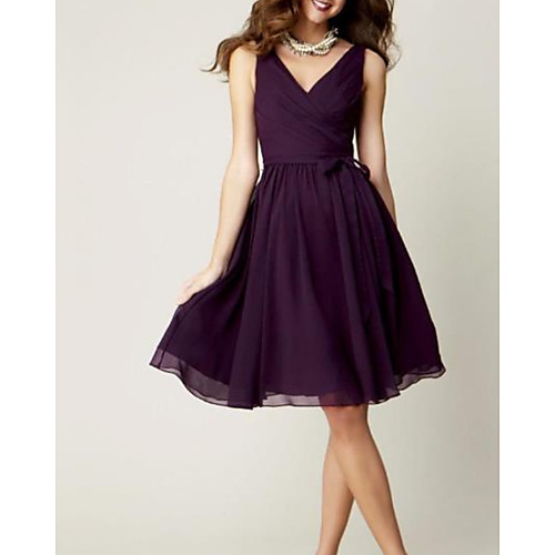 

A-Line V Neck Knee Length Chiffon Bridesmaid Dress with Pleats