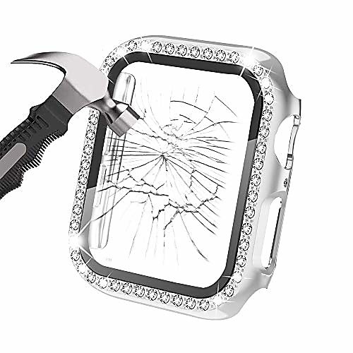 

compatible with apple watch series 6 5 4 3 2 1 se case 44 mm 40 mm 38 mm 42mm with tempered glass screen protector, women iwatch bling crystal diamond rhinestone protector cover (silver)