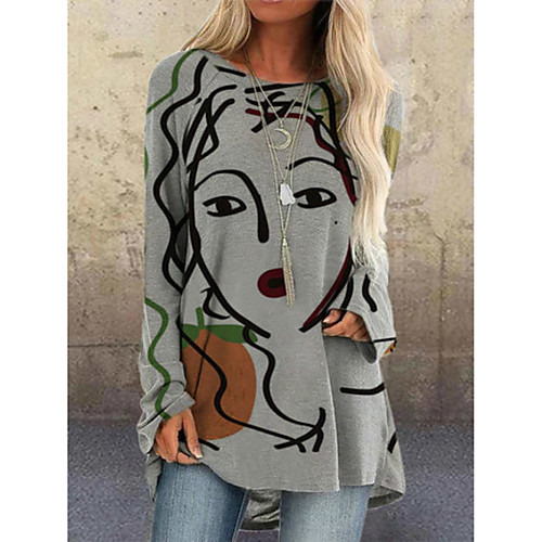 

Women's T shirt Dress Tunic T shirt Graphic Prints Long Sleeve Print Round Neck Tops Basic Basic Top Brown Gray