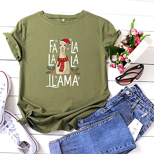 

Women's Christmas T shirt Cat Graphic Graphic Prints Print Round Neck Tops 100% Cotton Basic Christmas Basic Top White Black Yellow