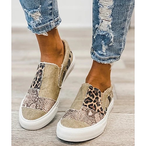 

Women's Loafers & Slip-Ons Slip-on Sneakers Flat Heel Round Toe Casual Daily Walking Shoes Canvas Black Khaki Gray