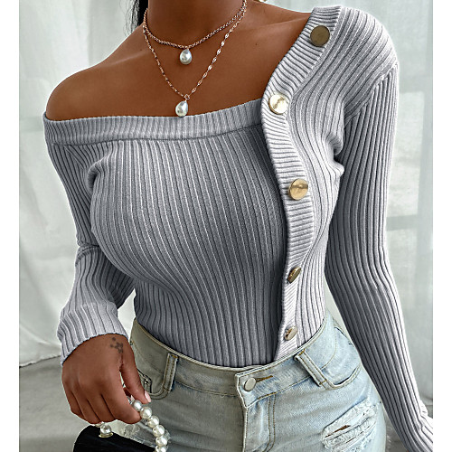

Women's Knitted Solid Color Cardigan Long Sleeve Sweater Cardigans Off Shoulder Fall Winter Black Blue Beige