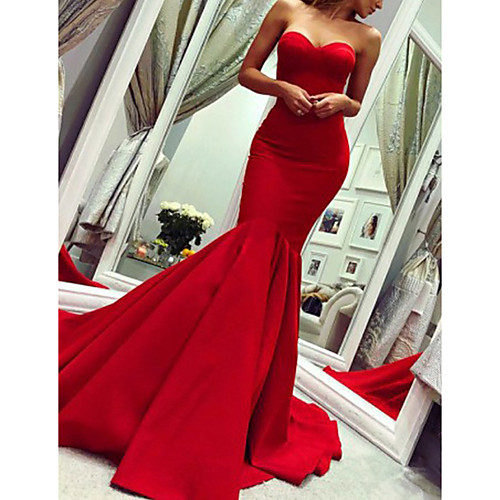 

Mermaid / Trumpet Minimalist Sexy Wedding Guest Formal Evening Valentine's Day Dress Strapless Sleeveless Court Train Stretch Fabric with Pleats 2021