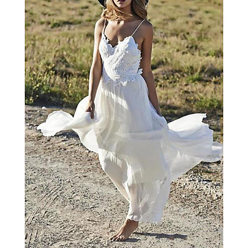 

Sheath / Column Wedding Dresses V Neck Spaghetti Strap Court Train Chiffon Lace Sleeveless Beach with Appliques Split Front 2021