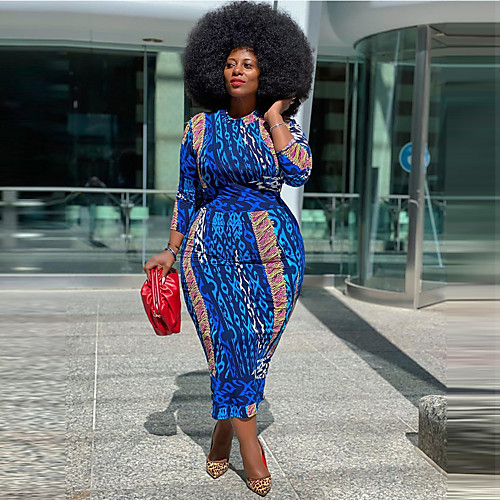 

Women's Sheath Dress Midi Dress Blue 3/4 Length Sleeve Print Patchwork Print Summer Round Neck Elegant Sexy Slim 2021 XL XXL 3XL 4XL 5XL / Plus Size