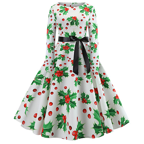 

Women's A Line Dress Knee Length Dress Green Long Sleeve Print Ruched Lace up Bow Fall Winter Round Neck Casual Christmas Loose 2021 S M L XL XXL