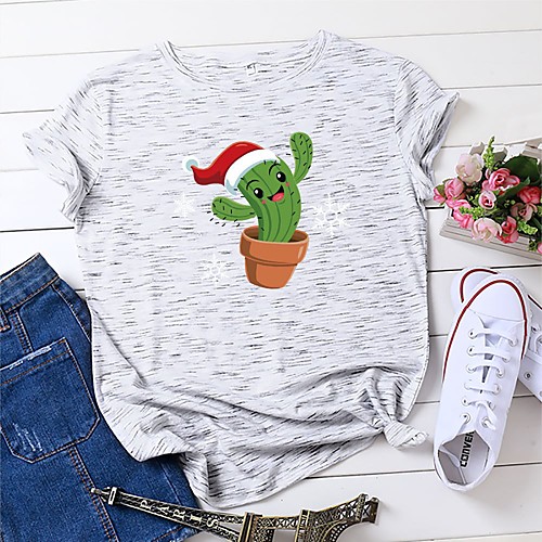 

Women's Christmas T shirt Graphic Graphic Prints Letter Print Round Neck Tops 100% Cotton Basic Christmas Basic Top White Black Yellow