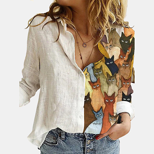 

Women's Blouse Shirt Cat Long Sleeve Print Shirt Collar Basic Tops White