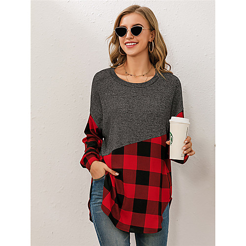 

Women's Shirt Color Block Long Sleeve Patchwork Round Neck Streetwear Tops Red