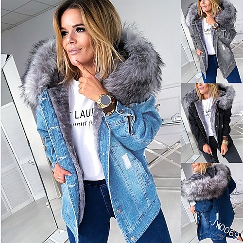 

Women's Denim Jacket Going out Fall & Winter Regular Coat Regular Fit Active Streetwear Jacket Long Sleeve Solid Colored Fur Trim Gray Black / Cut Out / Patchwork