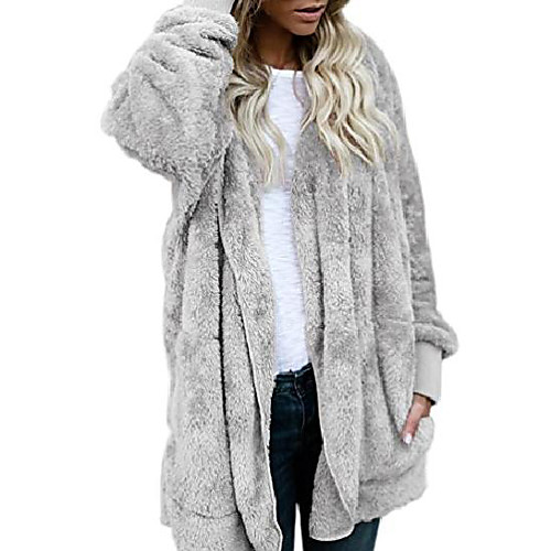 

fleece sherpa jacket hooded coat with pocket winter warm outwear gray m