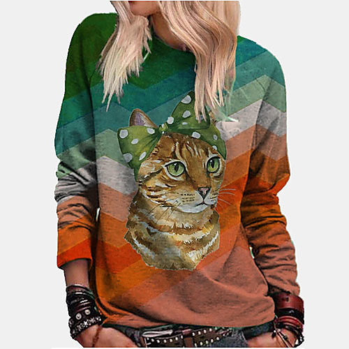 

Women's Blouse Shirt Cat Animal Long Sleeve Round Neck Tops Purple Red Yellow