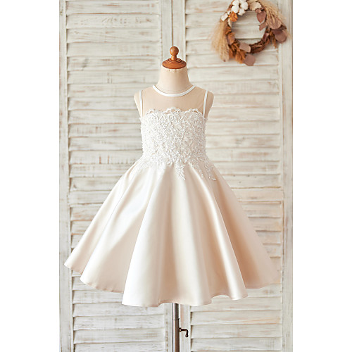 

Princess Knee Length Flower Girl Dresses Wedding Lace Sleeveless Jewel Neck with Buttons