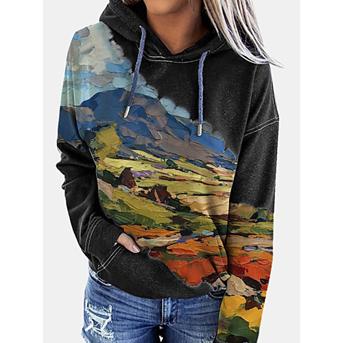

Women's Pullover Hoodie Sweatshirt Graphic Scenery Front Pocket Print Daily Other Prints Basic Casual Hoodies Sweatshirts Wine Green Black