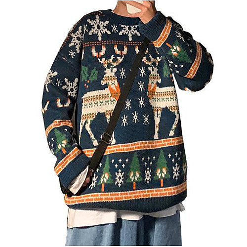 

Men's Christmas Geometric Pullover Acrylic Fibers Long Sleeve Sweater Cardigans Crew Neck Winter Blue