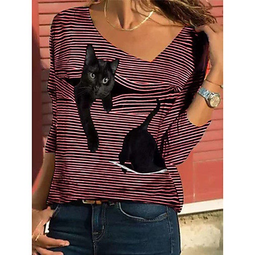

Women's T shirt Striped Cat Graphic Prints Long Sleeve Print V Neck Tops Basic Basic Top Black Blue Red