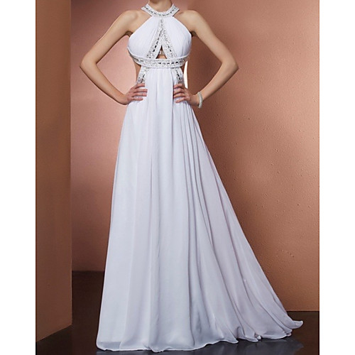 

Sheath / Column Beautiful Back Sexy Engagement Formal Evening Dress Halter Neck Sleeveless Sweep / Brush Train Chiffon with Pleats 2021