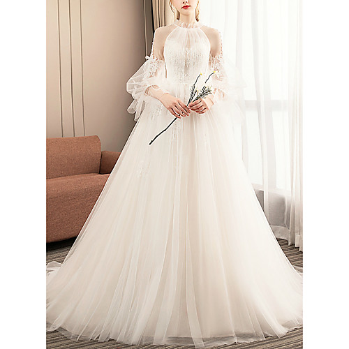 

Ball Gown Wedding Dresses Jewel Neck Court Train Tulle Long Sleeve Formal Romantic with Pleats Appliques 2021