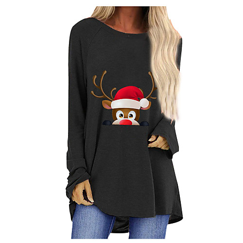 

Women's Christmas T shirt Graphic Prints Long Sleeve Round Neck Christmas Tops Loose Blue Gray Green