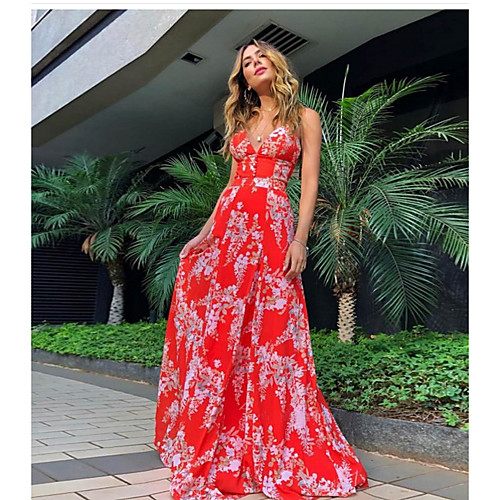 

Women's Strap Dress Maxi long Dress Red Sleeveless Floral Print Fall Elegant Casual vacation dresses 2021 S M L XL