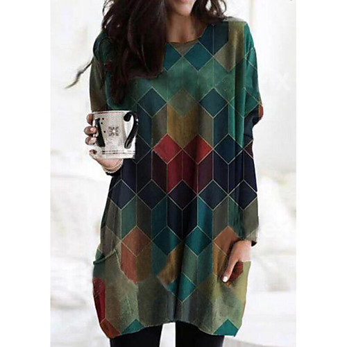 

Women's T shirt Color Block Graphic Prints Long Sleeve Print V Neck Shirt Collar Tops Basic Basic Top Green