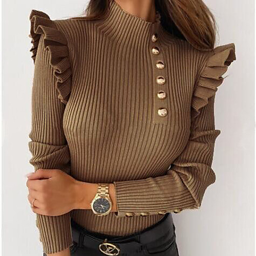 

Women's Blouse Shirt Plain Long Sleeve Ruffle Button High Neck Tops Basic Top White Black Khaki