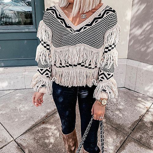 

Women's Stylish Gothic Check Pattern Knitted Braided Argyle Pullover Long Sleeve Loose Sweater Cardigans V Neck Fall Winter White
