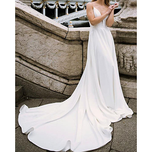 

Sheath / Column Wedding Dresses V Neck Court Train Chiffon Sleeveless Beach with Pleats 2021