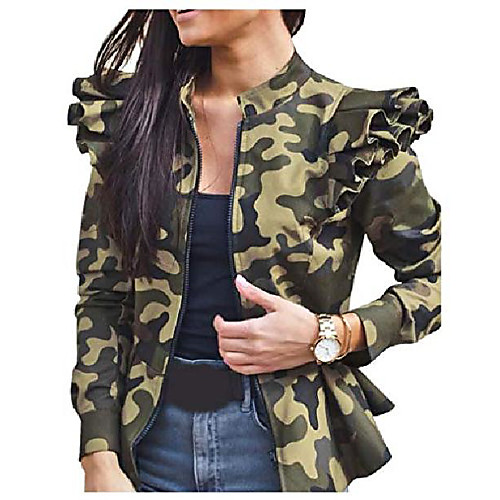 

women's zip up ruffle sleeve peplum camo jacket blazers