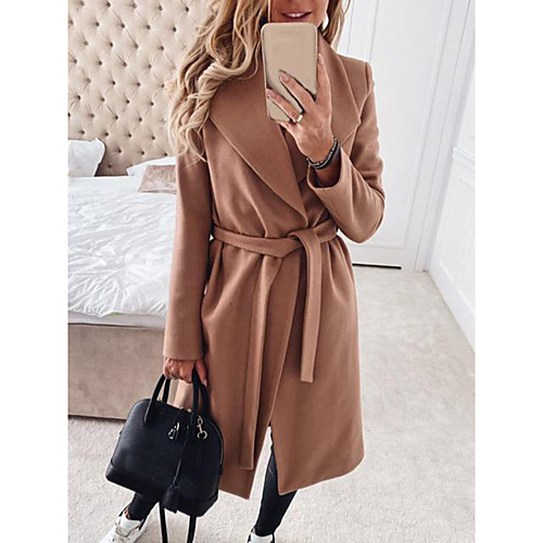 

Women's Coat Daily Fall & Winter Long Coat Loose Basic Jacket Long Sleeve Solid Colored Yellow Khaki