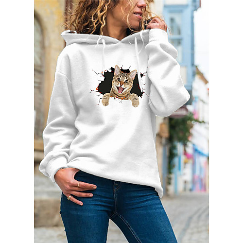 

Women's Hoodie Pullover Cat Graphic 3D Daily Basic Casual Hoodies Sweatshirts White