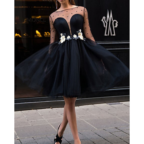 

Ball Gown Little Black Dress Floral Homecoming Cocktail Party Dress Illusion Neck Long Sleeve Knee Length Lace Tulle with Appliques 2021