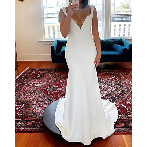 

Sheath / Column Wedding Dresses V Neck Sweep / Brush Train Stretch Satin Sleeveless Simple with 2021