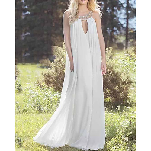 

Sheath / Column Wedding Dresses Halter Neck Floor Length Chiffon Sleeveless Beach with Beading Appliques 2021