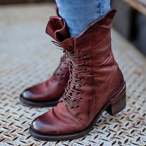 

Women's Boots Chunky Heel Round Toe Mid Calf Boots Party & Evening PU Dark Brown Burgundy