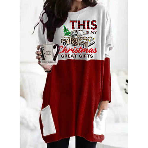 

Women's Christmas T shirt Dress Plaid Leopard Graphic Prints Long Sleeve Pocket Patchwork Print Round Neck Tops Basic Christmas Basic Top White Black Red