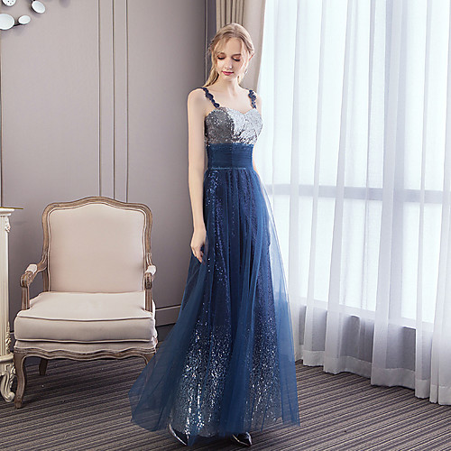 

A-Line Empire Elegant Wedding Guest Prom Dress Spaghetti Strap Sleeveless Floor Length Tulle with Sequin 2021