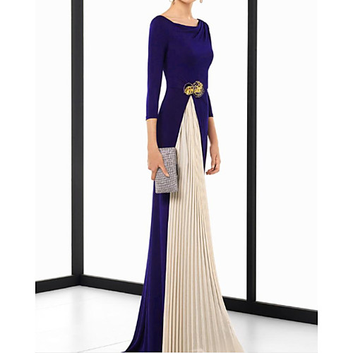 

Sheath / Column Minimalist Elegant Wedding Guest Formal Evening Dress Jewel Neck 3/4 Length Sleeve Sweep / Brush Train Spandex Chiffon with Sash / Ribbon Pleats 2021