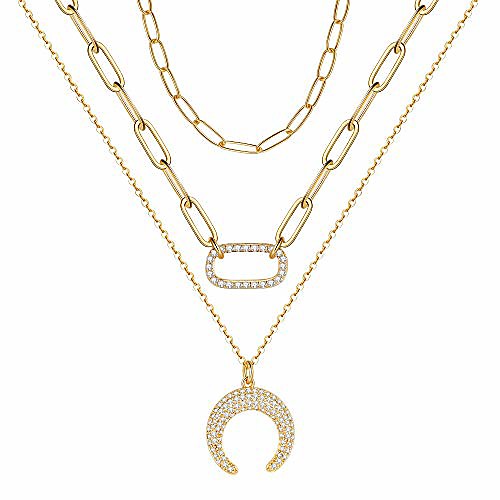 

moon star necklace layered paperclip chain necklace for women, 14k gold plated dainty crescent moon pendant adjustable link chain necklace oval choker paperclip chain necklaces for women ideal gifts
