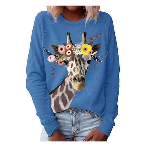 

Women's Christmas Blouse Shirt Graphic Prints Animal Long Sleeve Print Round Neck Christmas Tops White Black Blue