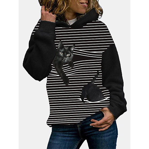 

Women's Hoodie Pullover Striped Cat Animal Patterned Daily Basic Casual Hoodies Sweatshirts Loose Black