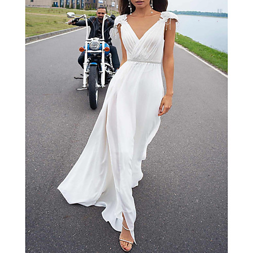 

A-Line Wedding Dresses V Neck Court Train Chiffon Sleeveless Beach with Ruffles Split Front 2021