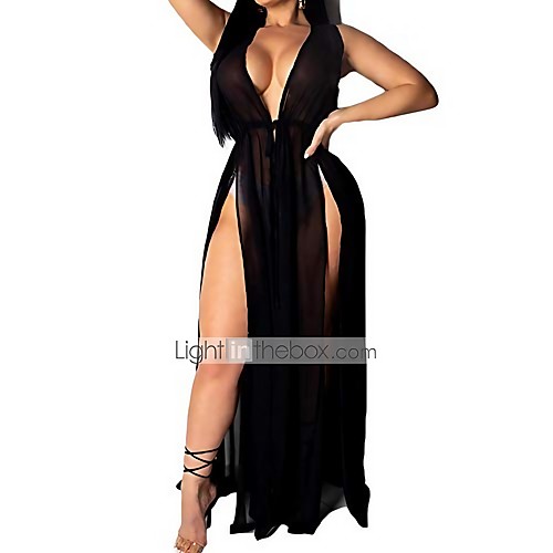 

women's sexy lingerie mesh see through slit sleepwear night gown sexy clubwear bikini cover up (xl, black sleeveless)