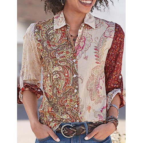 

Women's Shirt Leaf Graphic Prints Long Sleeve Button Print Shirt Collar Tops Khaki